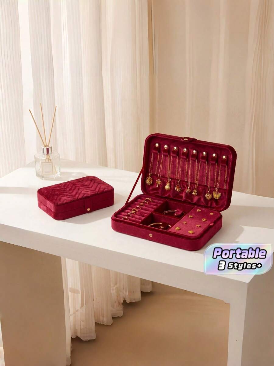 Luxury Large Capacity Jewelry Box, Burgundy Velvet Lined Storage Case With Secure Clasp, Portable Organizer For Women, Ideal Birthday & Christmas Gift - Multicolor - View 1
