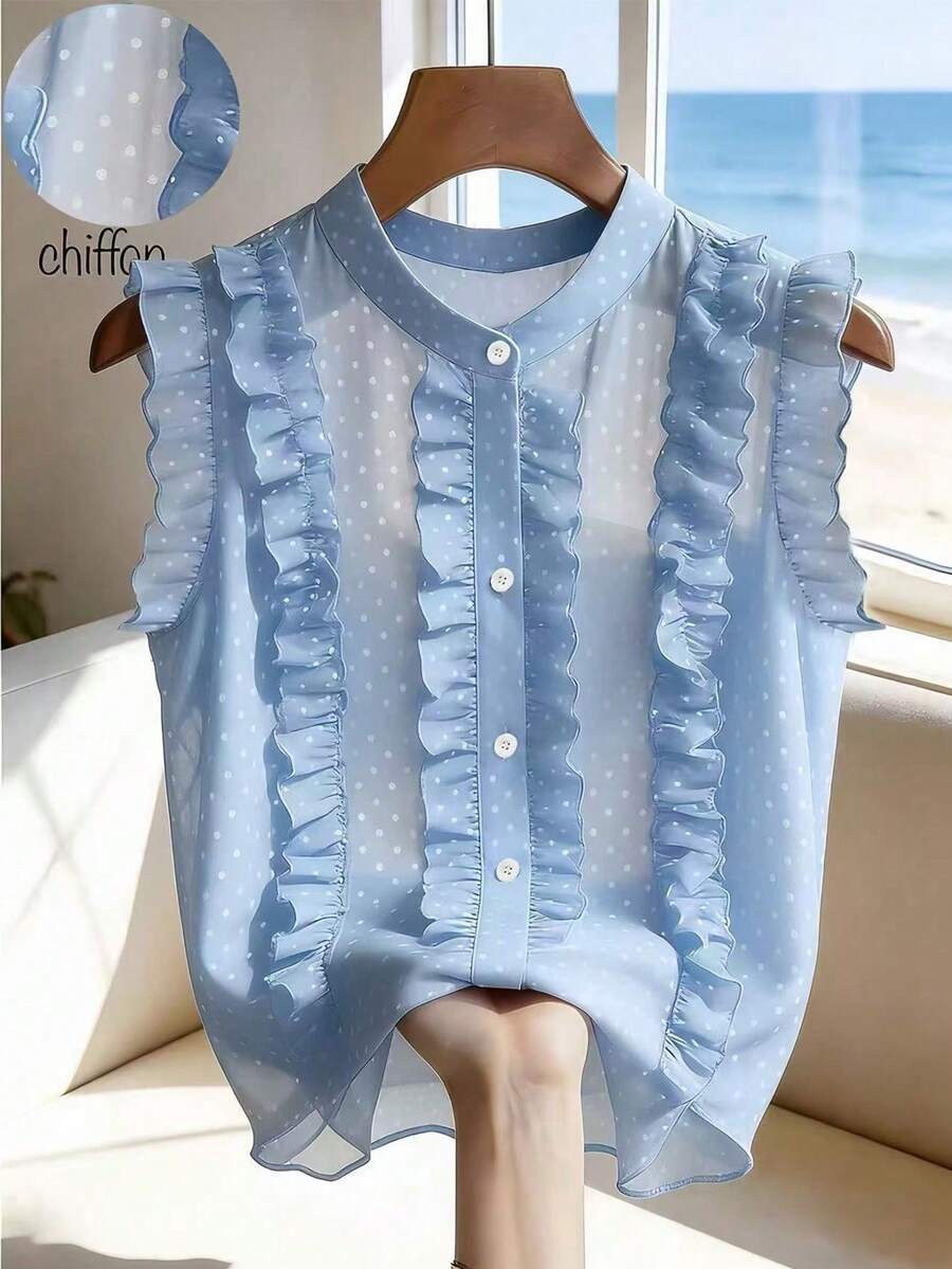 SHEIN Franclia Blus Chiffon Polkadot Hitam Wanita, Elegan dan Romantis dengan Hiasan Rumbai di Bagian Bawah. - Baby Blue - View 1