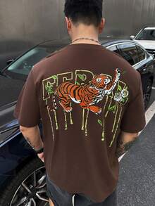 DAZY Kaos Pria Lengan Pendek Longgar dengan Cetakan Huruf Warna Kontras, Kaos Grafis Musim Panas - Coklat - View 8