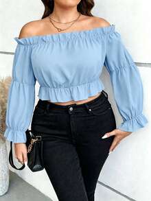 Vionelle Blusa corta con volantes y mangas con hombros descubiertos. Top peplum. - Neblina azul - Ver 1
