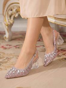 CUCCOO TILAWA Women's Crystal Heel Glass Rhinestone Pointed Toe Pink High Heel Pumps, Suitable For Outings, Banquets, Parties And Other Events - Dusty Pink - View 9