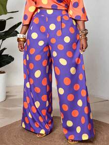 Maweii Plus Size Women's Dopamine High Saturation Color Block Polka Dot Drape Wide Leg Pants, Slimming Straight Leg Long Pants, Summer Vacation Casual Floor-Length Pants - Purple - View 5