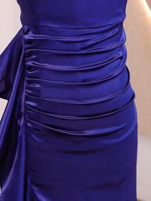 Wedding Party Bridal Shower Girls' Solid Color Spaghetti Strap Square Neck Fitted Slit Patchwork Ruffle Long Dress For Prom Performance Royal Blue - Navy Blue - View 7