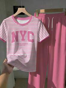 SHEIN EZwear 2件組刺繡圓領短袖上衣與條紋印花長褲，休閒風 - 紅色 - 查看 6
