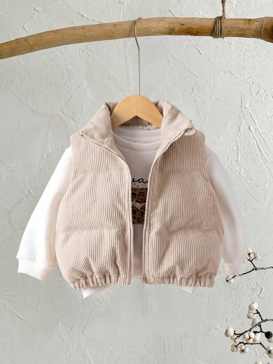 SHEIN 女婴秋冬可爱百搭保暖无袖外套背心,灯芯绒材质,女婴拉链背心,羽绒背心 - 杏色 - 查看 1