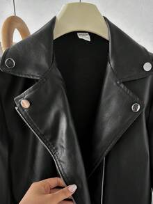 SHEIN 兒童青少年女孩秋冬純色PU長袖前開襟夾克休閒街頭風翻領PU拉鍊前短夾克，黑色秋冬 - 黑色 - 查看 11