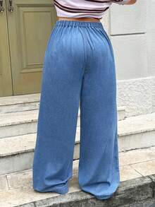 Rivivi High Waist Loose Pleated Double Button Plus Size Denim Jeans Light Blue Summer Simple - Blue - View 2