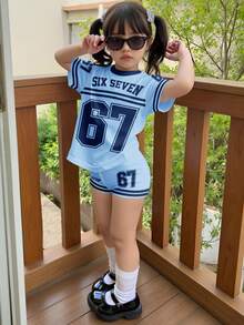 Kleine Mädchen Kleine Mädchen Lässiges minimalistisches Kurzarm-Set mit engen Radlerhosen, 2-teilig, geeignet für den Sommer, klassischer Sportstil, Nummer 6, 7 Grafikdruck - Verschiedenfarbig - Übersicht 1