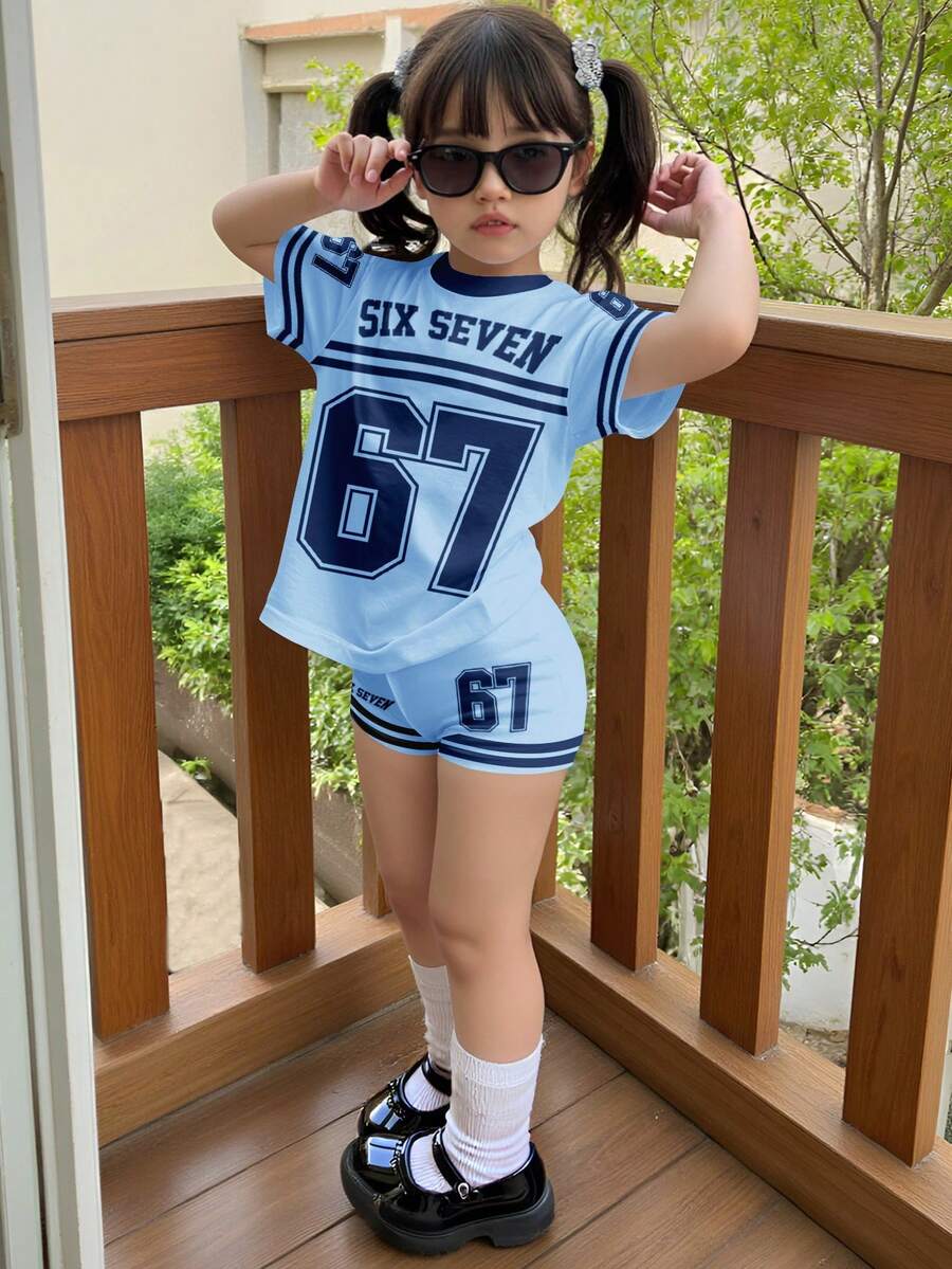 Kleine Mädchen Kleine Mädchen Lässiges minimalistisches Kurzarm-Set mit engen Radlerhosen, 2-teilig, geeignet für den Sommer, klassischer Sportstil, Nummer 6, 7 Grafikdruck - Verschiedenfarbig - Übersicht 1