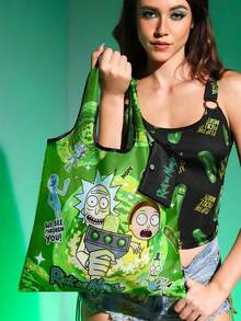 Rick and Morty X SHEIN 1 個科幻科學家與男孩卡通主題可摺疊購物袋，輕量聚酯纖維重複使用購物袋，附迷你收納袋與珠鏈掛飾，大容量日常使用托特包，科幻卡通迷的完美禮物 - 黑綠 - 查看 3