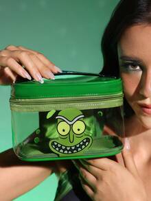 Rick and Morty X SHEIN 1個卡通印花透明PVC大容量托特化妝包，適合存放化妝品、文具、日常用品、數位產品，是通勤、上學和旅行的理想選擇，適合女性、男性、學生，特別是粉絲、小黃瓜、Cos、科學實驗室 - 彩色 - 查看 1