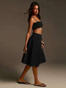 Athîral Women's Casual White Spaghetti Strap Elastic Shirred Top And Skirt Set, Date And Party Outfit - Black - View 6