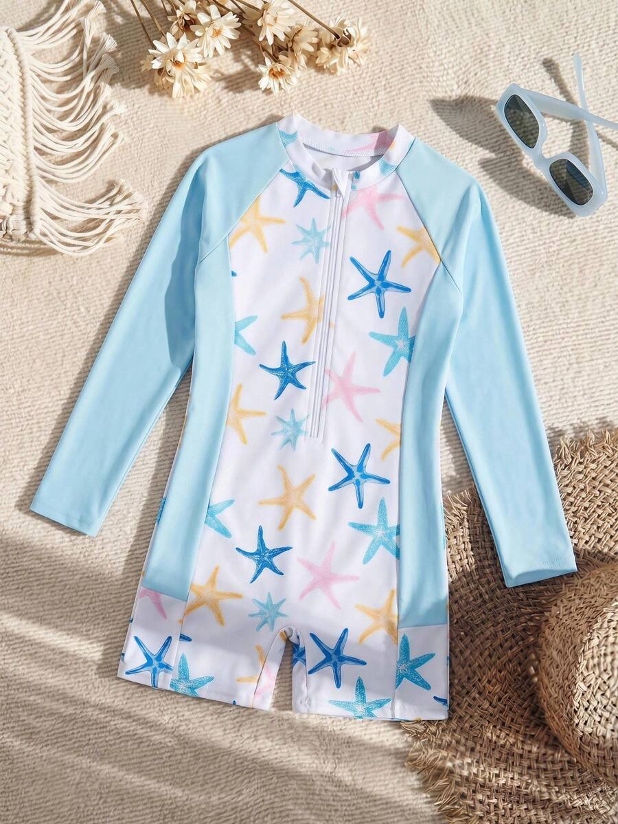 SHEIN Tween Girls Tropical Plant Print One-Piece Swimsuit,Cute White Summer Rash Guard Bathing Suit For Pool Party,Holiday,Casual Beach Vacation Travel