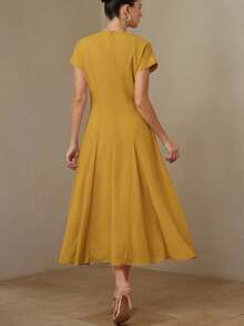 BELROSIE Vestido largo de color claro con cuello en V, cintura ceñida, falda completa con patchwork, falda en A, vestido con cuello en V, manga corta con pliegue, rosa claro, estilo primavera/verano, elegante minimalista, tela ligera, ropa de oficina, atuendo para cita nocturna, atuendo de vacaciones. Diseño de patchwork de gasa, vestido de longitud media para mujer - Amarillo - Ver 2