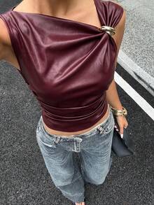 Siren Gaze Women's Sexy Elegant PU Material Metal Buckle Ruched Asymmetric Neck Tank Top Club Party Rave Night Out Rave Burgundy Summer - Burgundy - View 8