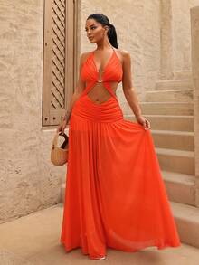 Sirith Solid Color Pleated Circular Ring Decor Hollow Sexy Sleeveless Orange Dress - Orange - View 8