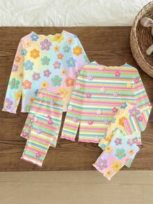 Conjunto de varias piezas para bebé niña con volantes y contraste de color, estampado floral de rayas degradadas coloridas estilo dopamina, colores macaron encantadores, diseño retro fresco, apto para todas las estaciones, suave con la piel - Multicolor - Ver 2
