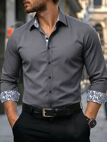 Manfinity Mode Camisa de manga larga con patrón floral de patchwork de un solo pecho (sin posición), formal para hombres - Gris Oscuro - Ver 1