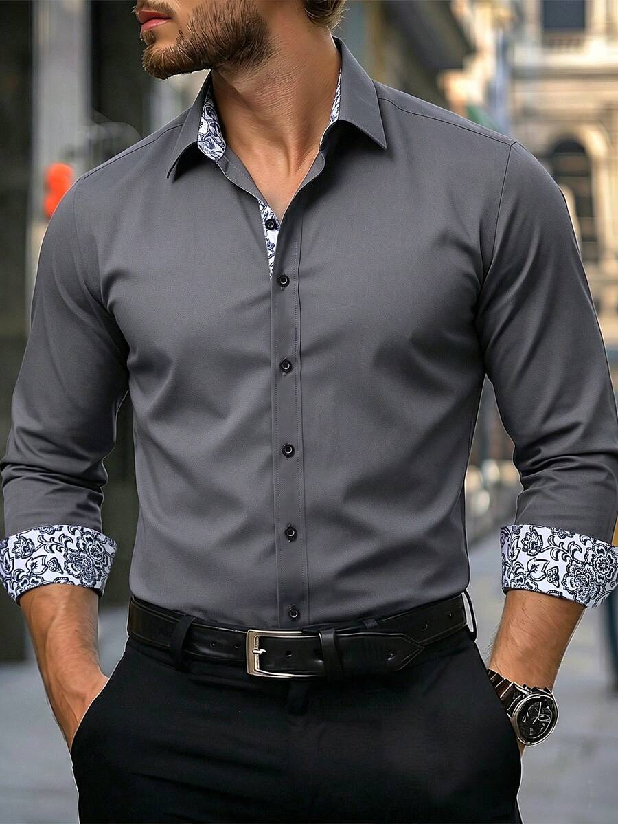 Manfinity Mode Camisa de manga larga con patrón floral de patchwork de un solo pecho (sin posición), formal para hombres - Gris Oscuro - Ver 1