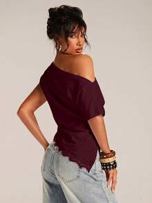 SHEIN BAE Women's Burgundy Fashion Sexy Casual Solid Color Minimalist Asymmetric Hem Lace Patchwork Night Out T-Shirt, Suitable For Spring/Summer Layering - Burgundy - View 2