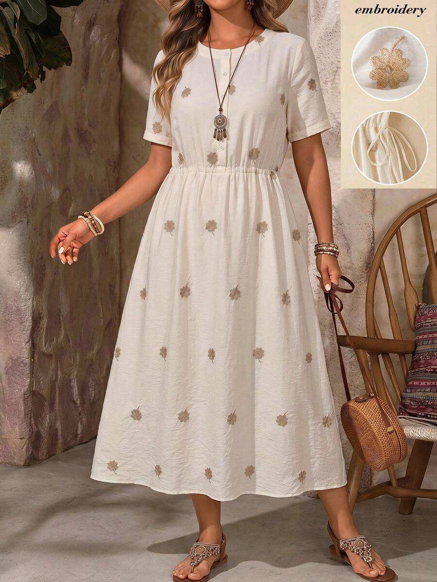 EMERY ROSE Đầm nữ cỡ lớn thêu họa tiết, cài cúc nửa thân, kiểu dáng thường ngày, thích hợp cho kỳ nghỉ. - Nhiều màu - Xem 1