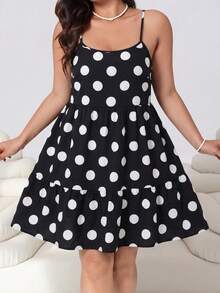 Solflare Plus Size Women's Polka Dot Pattern Ruffle Hem Cami Dress - Black - View 5