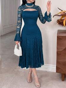 Feyla New Design Lace Hollow Out Waist A-Line Dress, Slimming, Romantic, Elegant, Suitable For Vacation & Party - Lake Blue - View 5