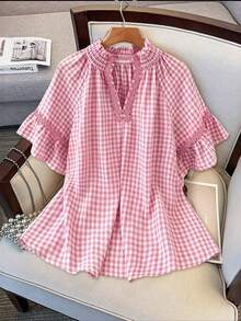 Linhara 夏季領口與袖子拼接同色系3D刺繡蕾絲清新法式風藍白格紋V領荷葉袖大尺碼上衣 - 粉色 - 查看 7
