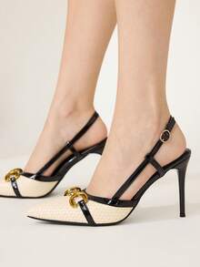 CUCCOO CHICEST Temperament Commuter Pointed Toe Shoes, Metal Buckle Color Matching Woven Closed Toe Sandals, Versatile Stiletto Women's Shoes - Black - View 5