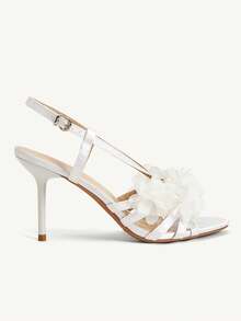 CUCCOO CHICEST Sandal Hak Tinggi Terbuka Ujung Jari Kaki Putih Satin Sutra Putih dengan Hiasan Bunga Jala untuk Wanita, Cocok untuk Acara Pernikahan, Musim Semi dan Musim Panas. - Putih - View 4
