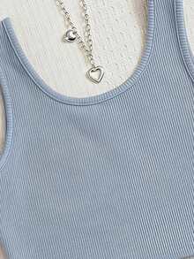 Emery Rose Kids Emery Rose Kids 2件套女童纯色针织圆领背心和短裤套装，舒适浅蓝色罗纹短款背心和短裤家居服两件套，青少年夏季套装，青年夏季休闲套装，时尚女童夏季套装，罗纹针织短裤套装 - 藍色 - 查看 8