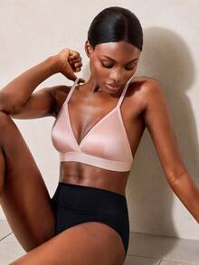Veilyse 3pcs Women's Summer French Triangle Cup Silk Wireless Bra, Removable Pads, Adjustable Straps, Solid Color Deep V Everyday Underwear - Multicolor - View 9