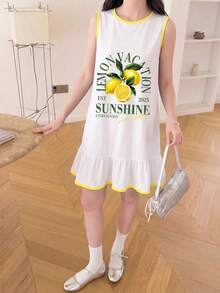 SHEIN 青少年女孩休閒簡約水果檸檬圖案洋裝，適合夏季 - 白色 - View 5
