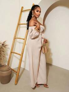 VaVaBold Beige,Autumn,Elegant,Dinner Date Lantern Sleeve Jumpsuit For Women,Satin Off Shoulder Petal Sleeve Cinched Waist Wide Leg Pants,Resort Holiday Romper - Apricot - View 4