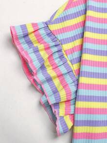 SHEIN Tween Girl 2件組 短袖上衣與鬆緊腰短褲休閒度假條紋套裝 - 彩色 - 查看 3