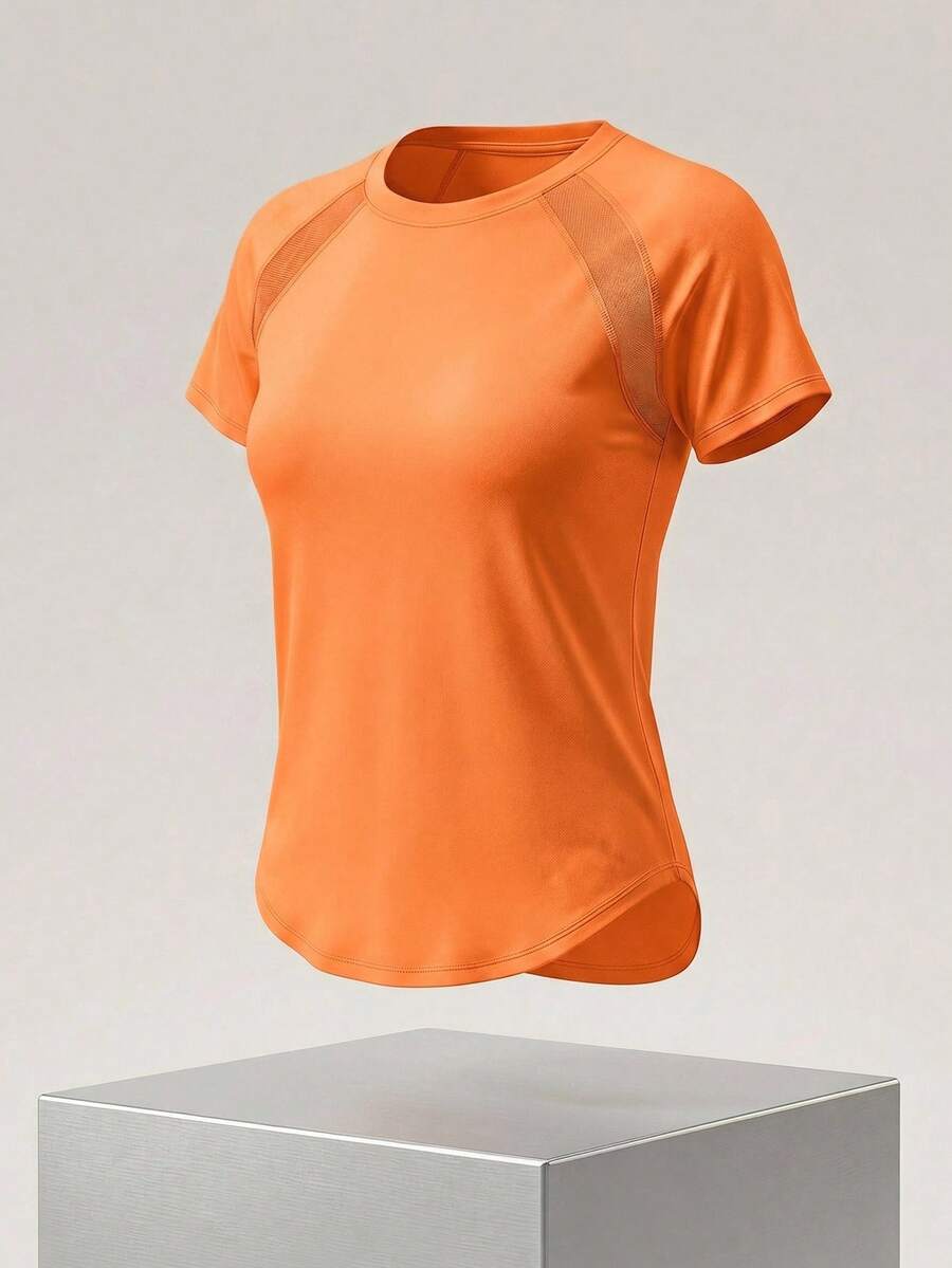 SHEIN Cheerettes 女式纯色圆领橙色插肩袖休闲运动短袖T恤健身衫 - 橘色 - 查看 1