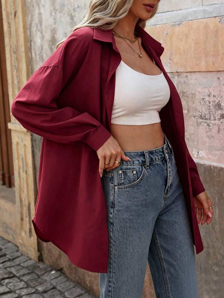 SHEIN Clasi Camisa de manga larga de unicolor versátil y casual - Burdeos - View! 5
