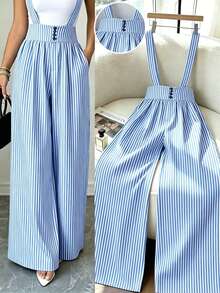 Elenzga Bestselling Blue & White Striped Suspender Waist Resin Buckle Decor Wide Leg Loose Women Casual Vacation Commute Elegant Jumpsuit - Blue and White - View 1