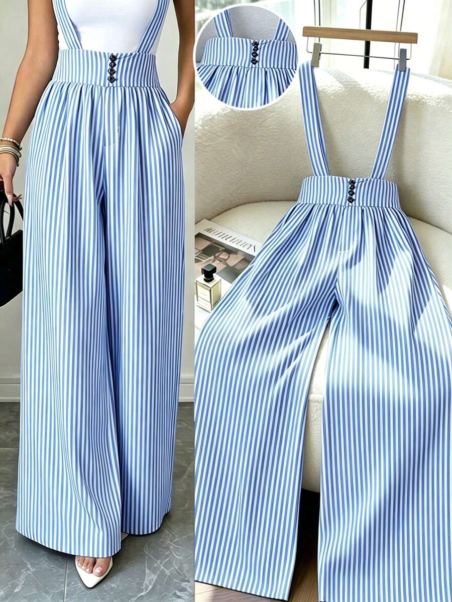 Elenzga Bestselling Blue & White Striped Suspender Waist Resin Buckle Decor Wide Leg Loose Women Casual Vacation Commute Elegant Jumpsuit - Blue and White - View 1