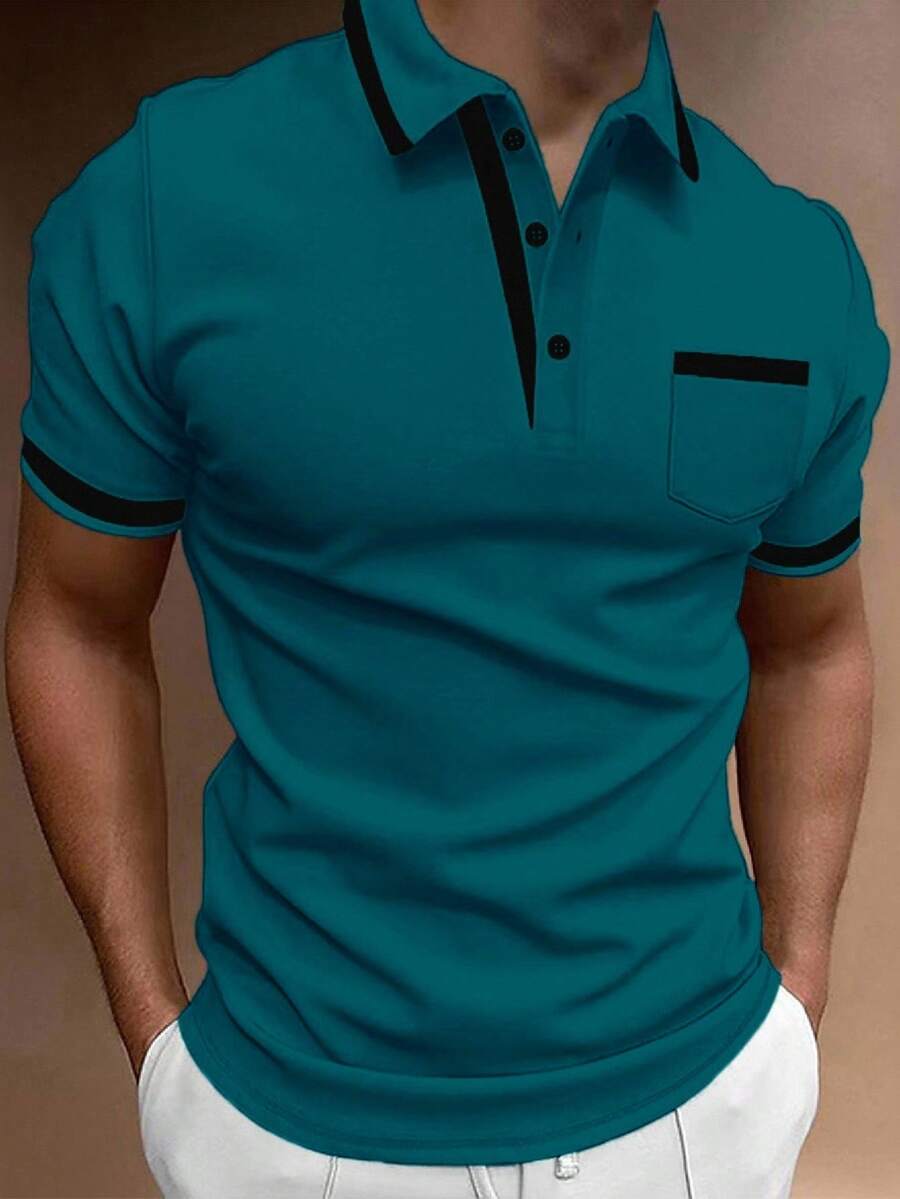Calvornis 男士對比色短袖休閒通勤 Polo 衫,正式場合適用 - 水鴨藍 - 查看 1