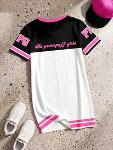 THE POWERPUFF GIRLS X SHEIN GraphicGems 少女休闲日常通勤可爱卡通印花撞色圆领短袖T恤裙，夏季 - 彩色 - 查看 2