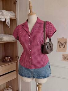 Comfortcana Plus Size Women's Plaid Short Sleeve Single Breasted Casual Shirt - Red - View 3