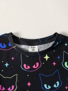 SHEIN 【隨機5套，1套免費！驚喜禮盒!!!! 30%機率可獲得2套!!】女孩修身舒適可愛印花針織睡衣套裝，舒適休閒居家服，適合日常穿著，夏季女孩夏裝甜夢印花睡衣套裝，舒適短袖上衣與長褲 - 黑色 - 查看 5