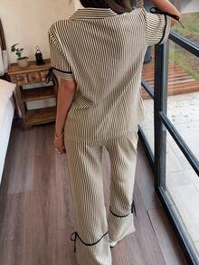 Dream Adore Artistic Retro Striped Lace-Up Loungewear Set, Classic Lapel Short Sleeve Long Pants Set - Multicolor - View 2