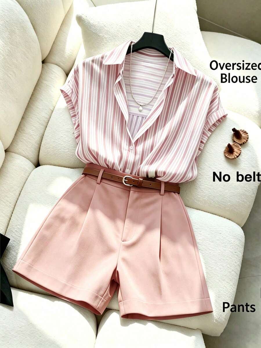 SHEIN Women's Striped Single-Breasted Top And Shorts Casual Daily Set - Pink - View 1