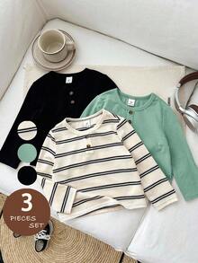 SHEIN LMoss Kids Kids Young Boy Knit Solid Color Striped Crew Neck Casual T-Shirt 3pcs Set - Multicolor - View 7