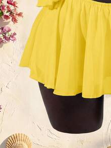 SaltGleam SaltGleam Sexy Tropical Summer Beach Party Vacation Backless Camisole Top With Bead Decor, Asymmetric Hem, Double Layer Flowy Ruffle, Mini Skirt Yellow - Pale Yellow - View 5