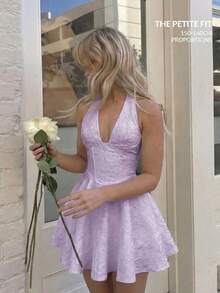 SHEIN MOD Petite 女款蝴蝶結露背掛脖迷你洋裝 紫色亮片 夏季性感浪漫休閒優雅 約會早午餐週年慶派對萬聖節 - 淡紫色 - 查看 3