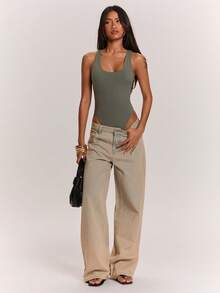 SHEIN BAE Damen einfarbiges Tanktop-Bodysuit mit quadratischem Ausschnitt - Grün - Übersicht 3
