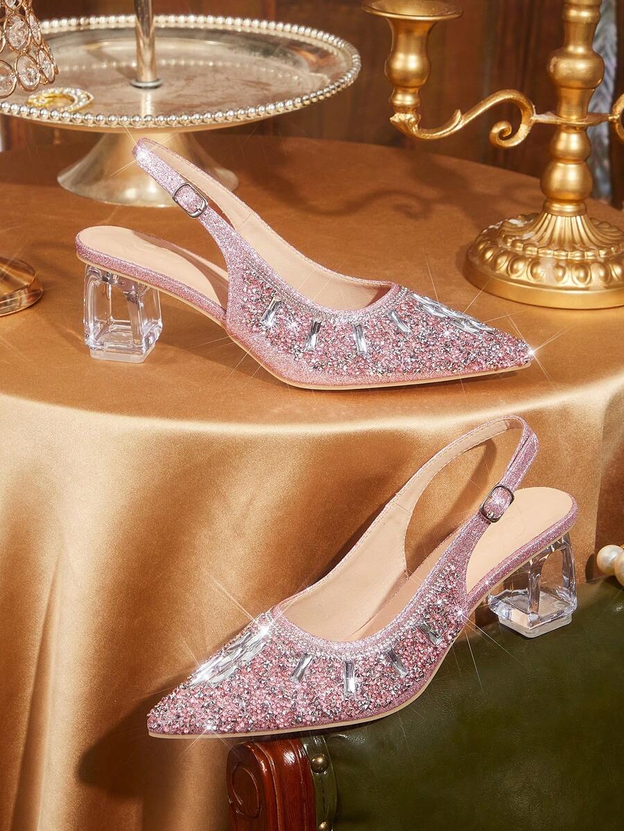 CUCCOO TILAWA Sepatu Hak Tinggi Wanita Berwarna Merah Muda dengan Hiasan Kristal dan Rhinestone Kaca, Cocok untuk Acara Keluar Rumah, Perjamuan, Pesta, dan Aktivitas Lainnya - Hampir tidak berwarna merah muda - View 1